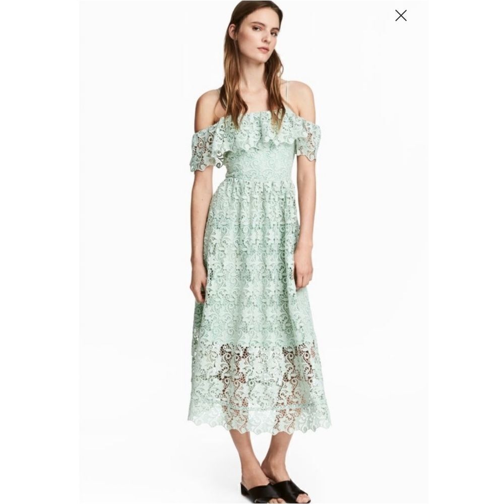 H&M mint green off shoulder lace midi dress